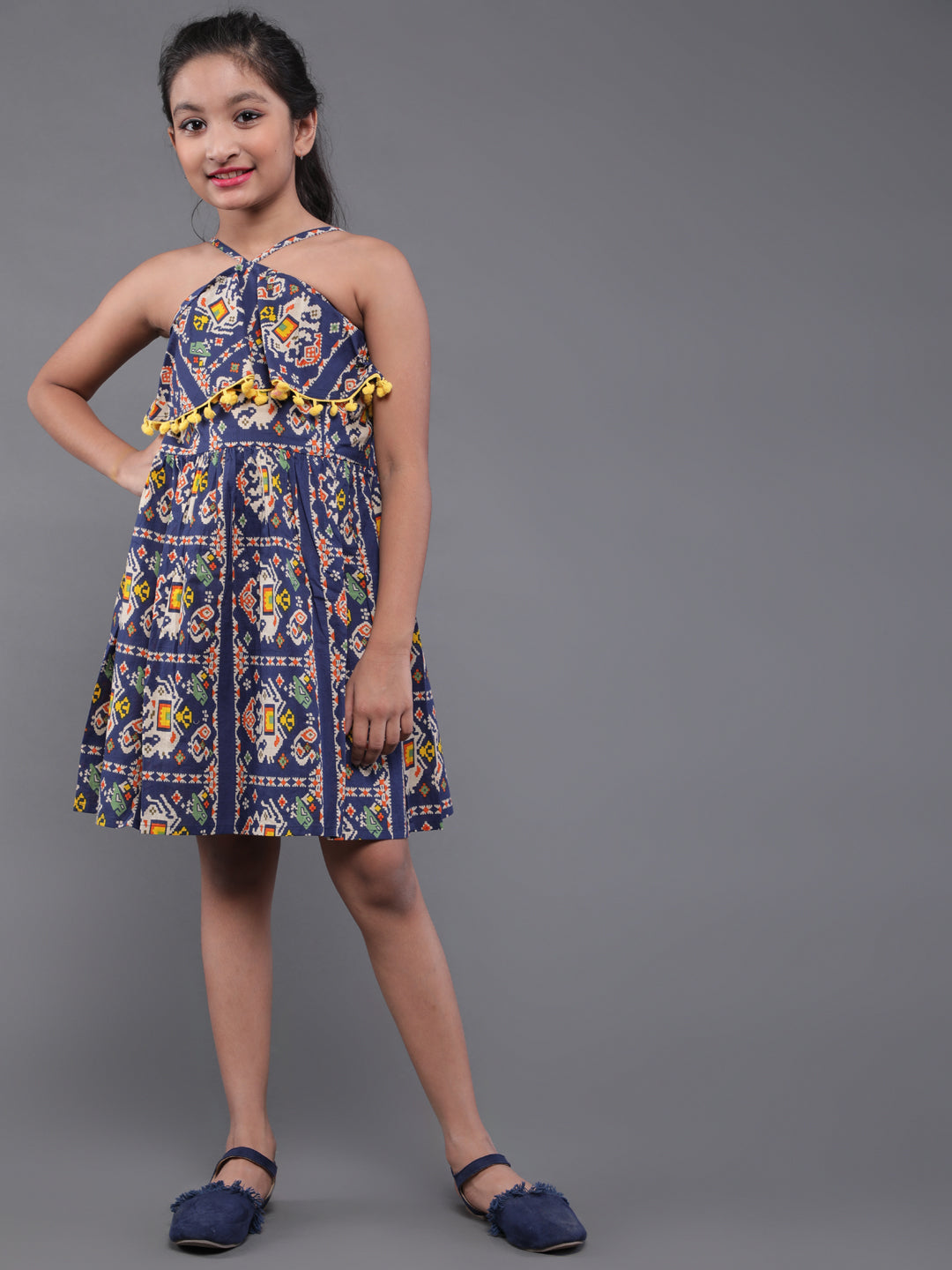 Blue Printed Mini Dress With Pom-Pom Lace - Elganza