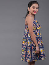 Blue Printed Mini Dress With Pom-Pom Lace - Elganza