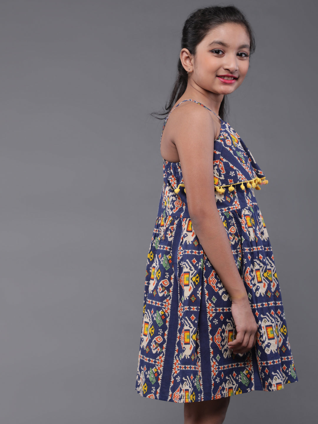 Blue Printed Mini Dress With Pom-Pom Lace - Elganza