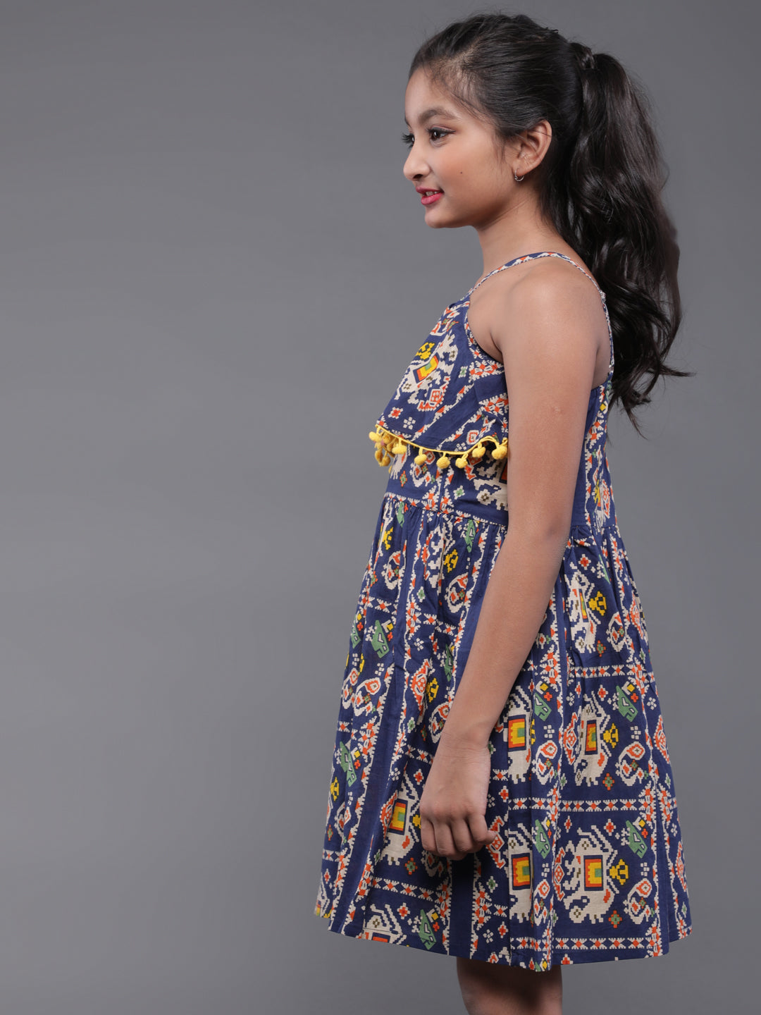 Blue Printed Mini Dress With Pom-Pom Lace - Elganza