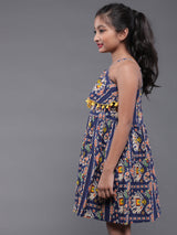 Blue Printed Mini Dress With Pom-Pom Lace - Elganza