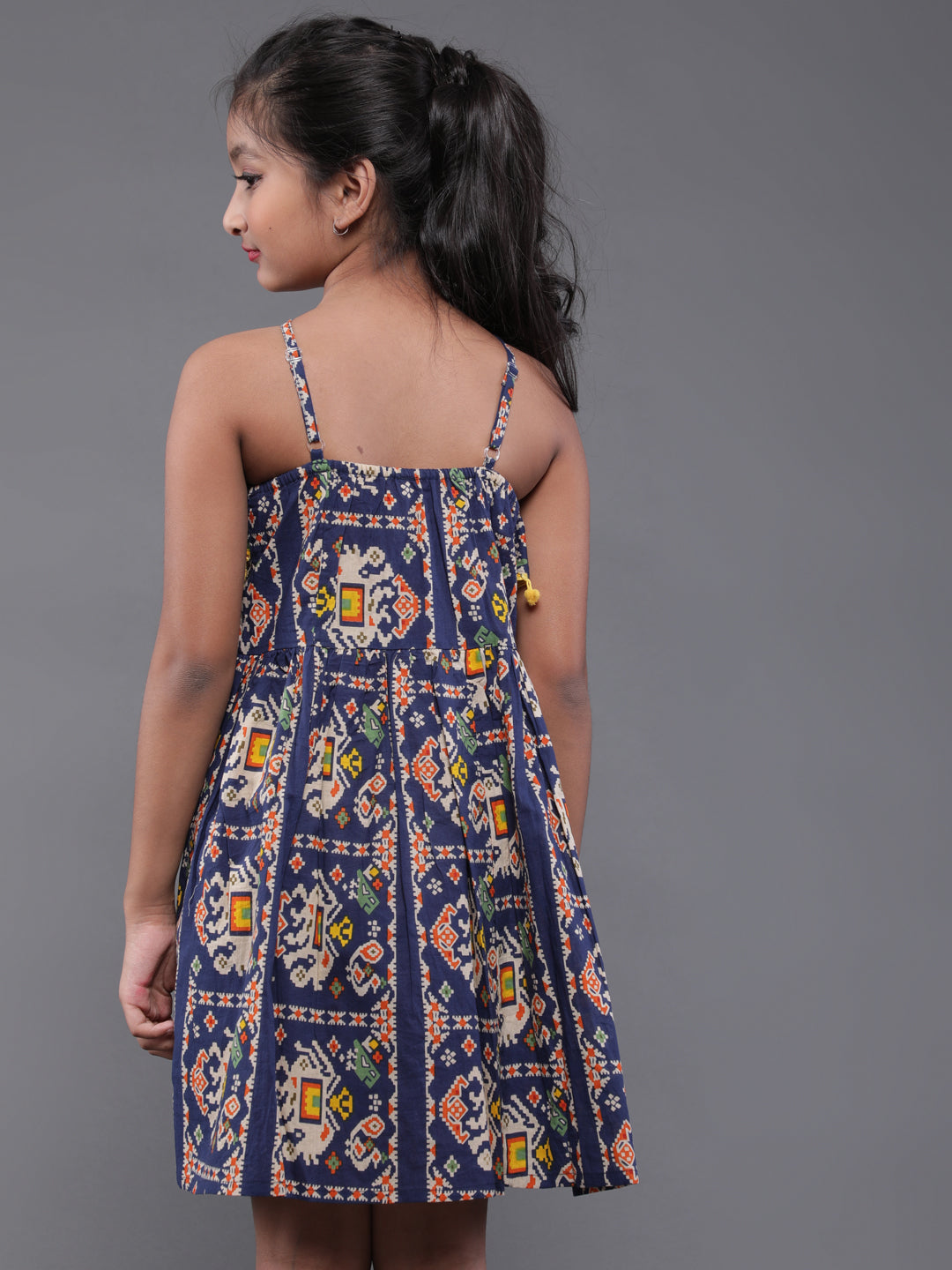 Blue Printed Mini Dress With Pom-Pom Lace - Elganza