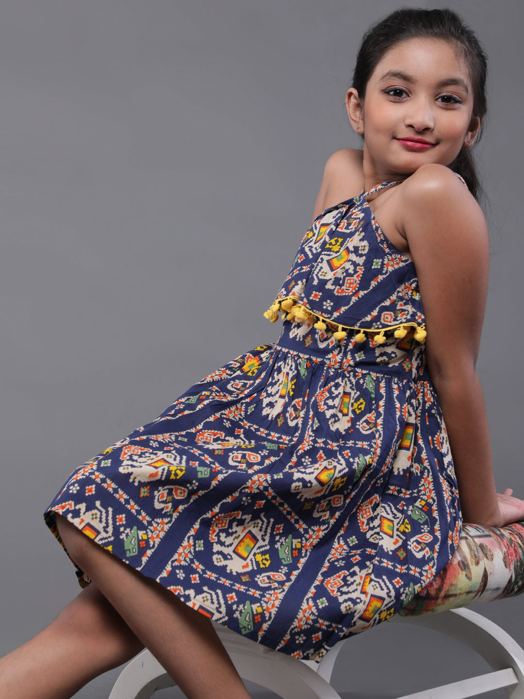 Blue Printed Mini Dress With Pom-Pom Lace - Elganza