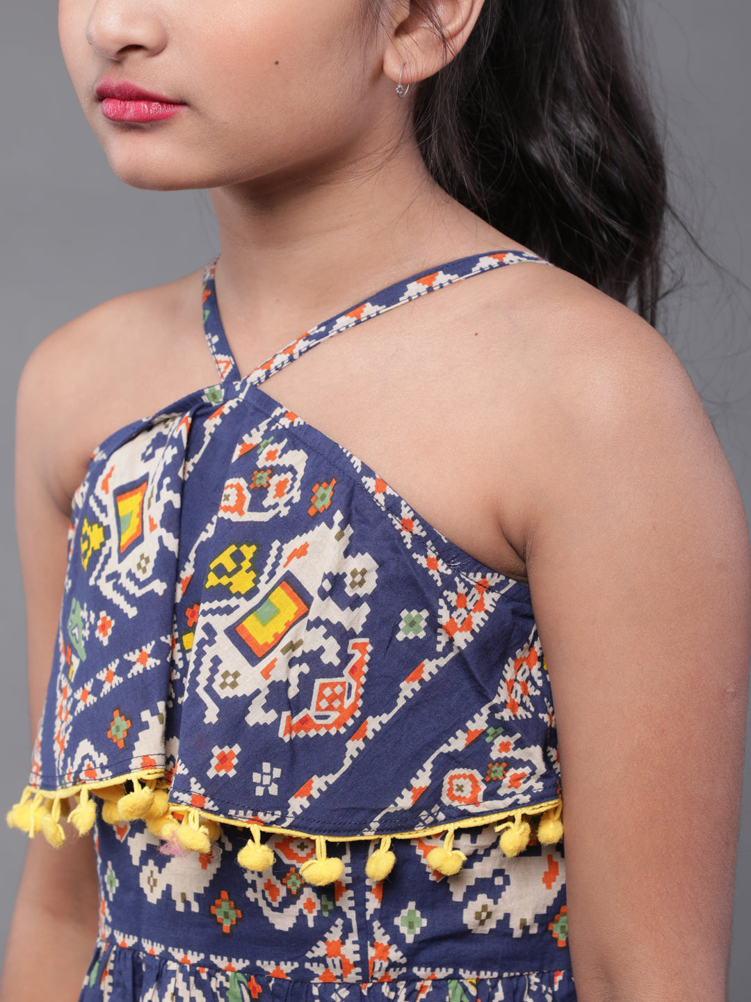 Blue Printed Mini Dress With Pom-Pom Lace - Elganza