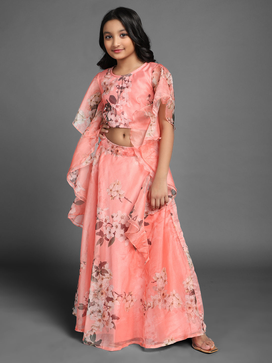 Peach Floral Print Lehenga Choli