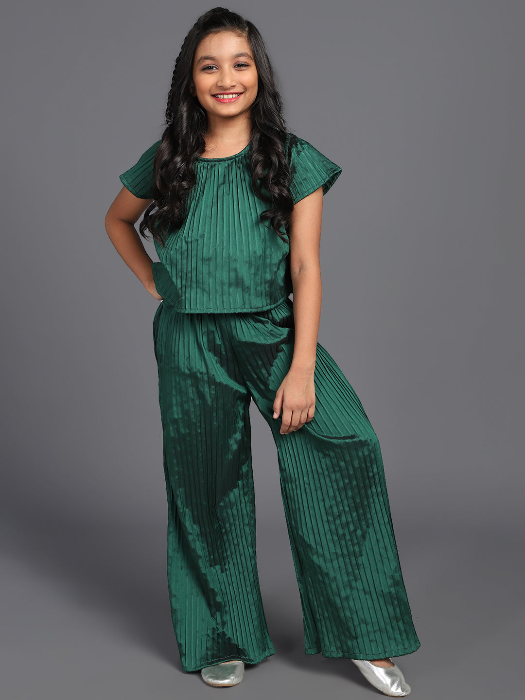 Green Pleated Top With Palazzo