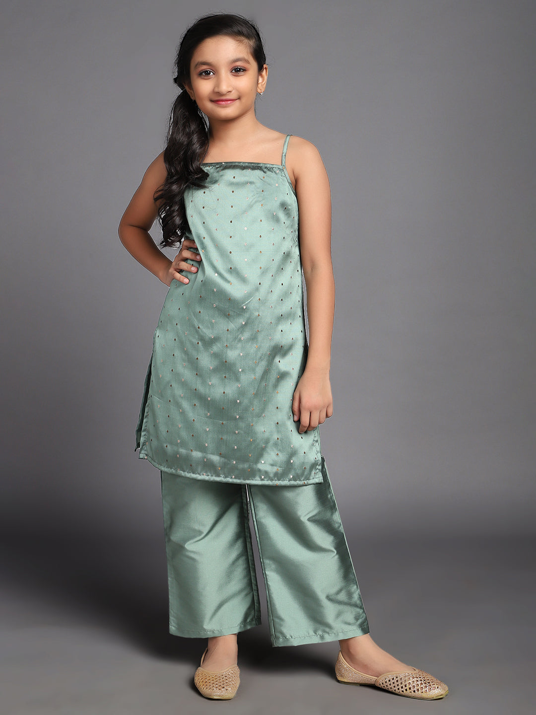 Green Dobby Woven Design Kurta With Palazzo - Elganza