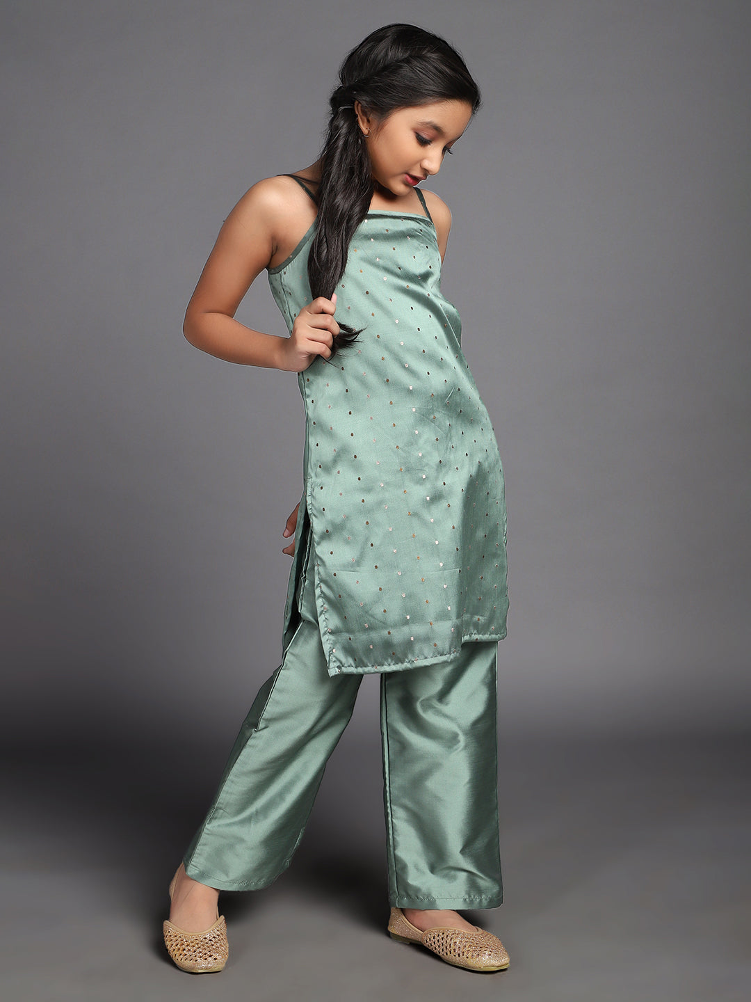 Green Dobby Woven Design Kurta With Palazzo - Elganza