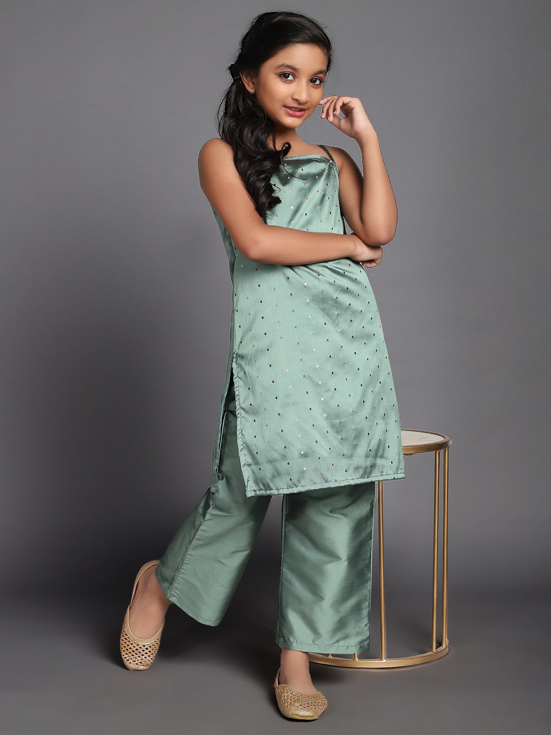 Green Dobby Woven Design Kurta With Palazzo - Elganza