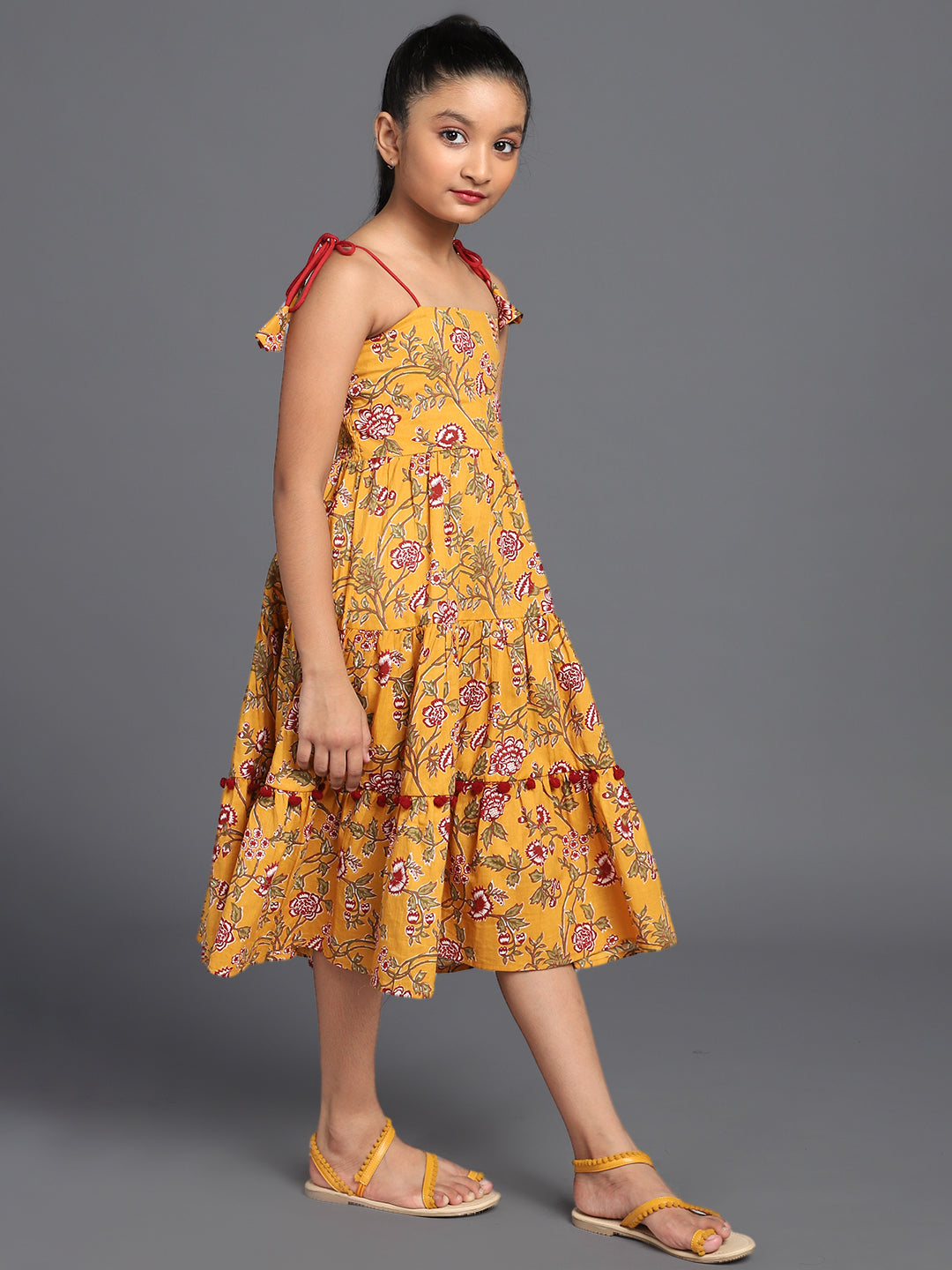 Mustard Floral Print Tiered Midi Dress