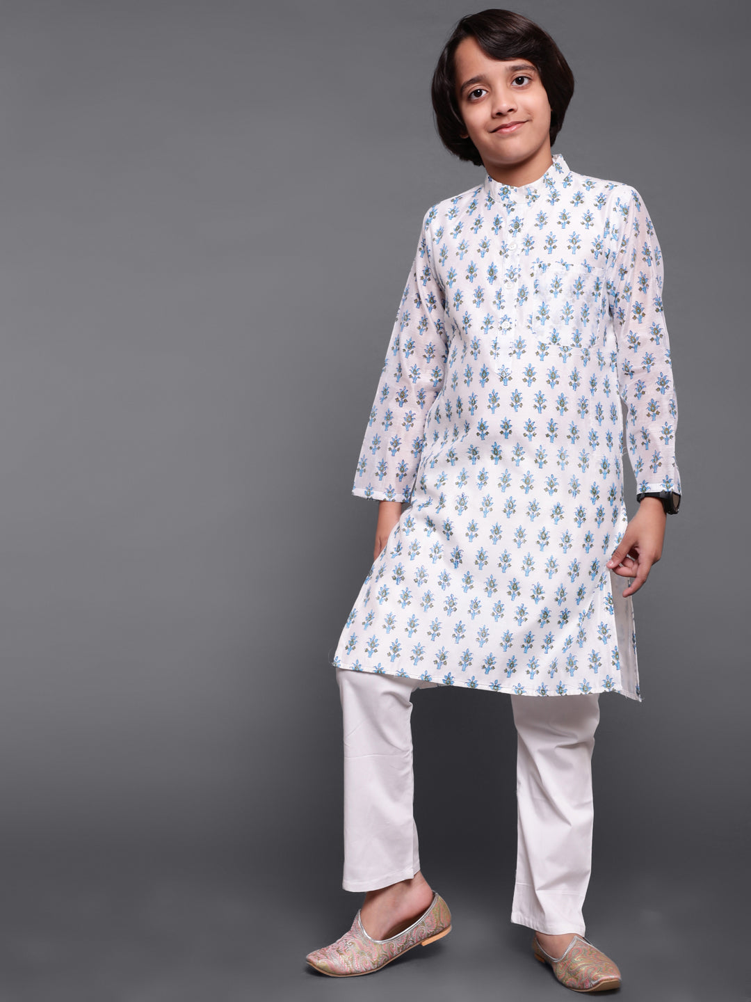 White Block Print Long Kurta - Elganza