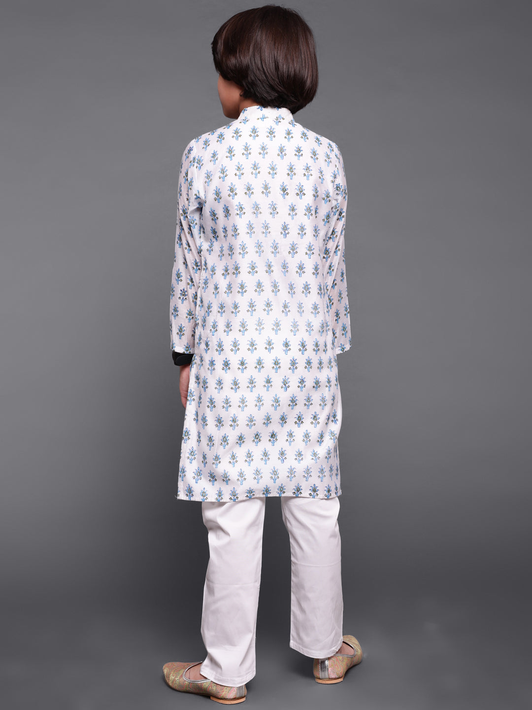White Block Print Long Kurta - Elganza