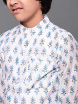 White Block Print Long Kurta - Elganza