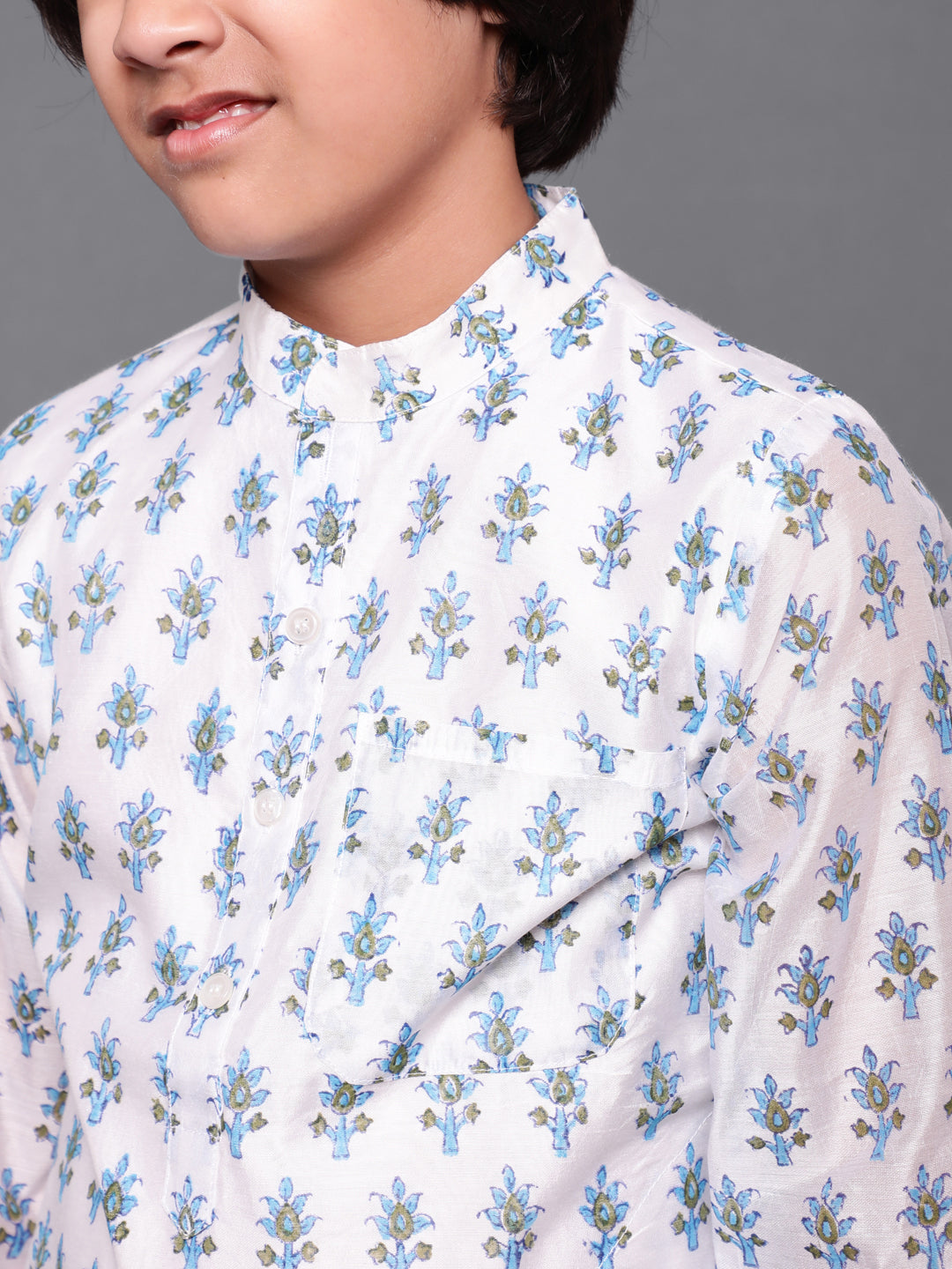 White Block Print Long Kurta - Elganza