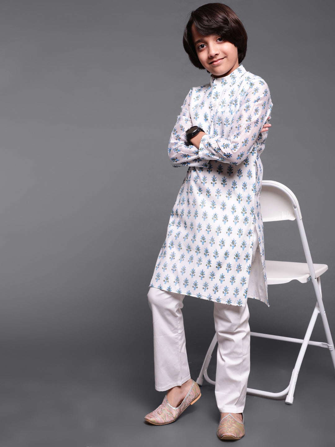 White Block Print Long Kurta - Elganza