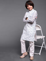 White Block Print Long Kurta - Elganza