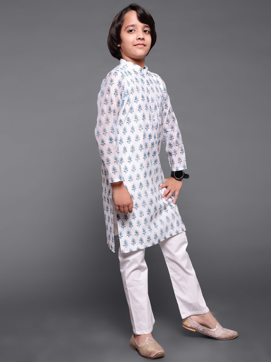 White Block Print Long Kurta - Elganza