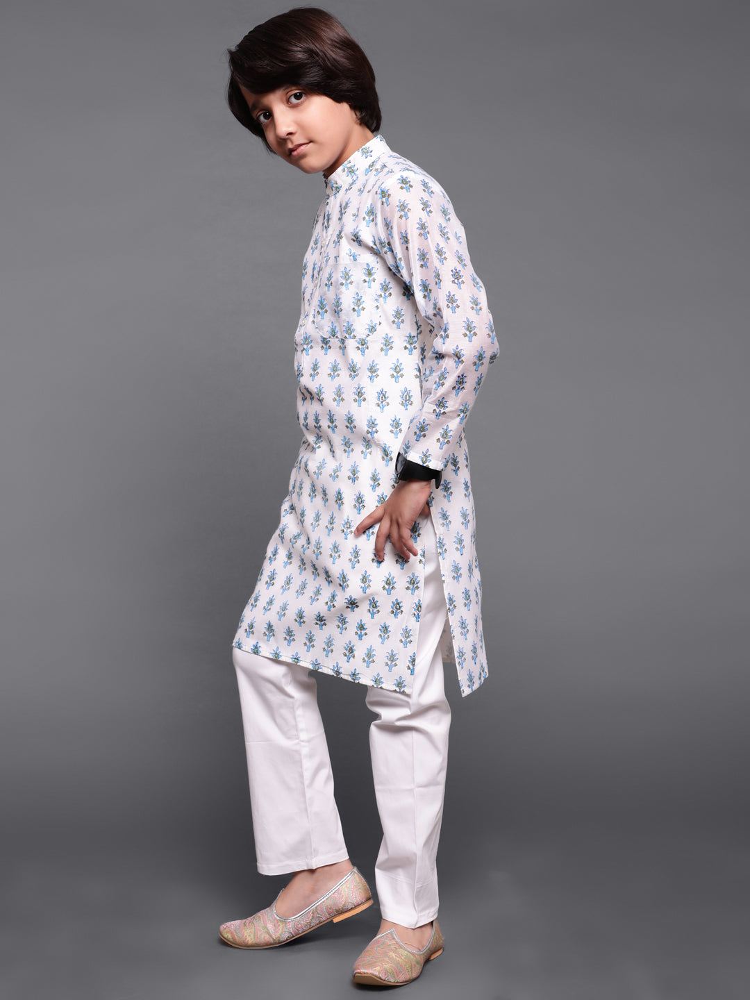 White Block Print Long Kurta - Elganza