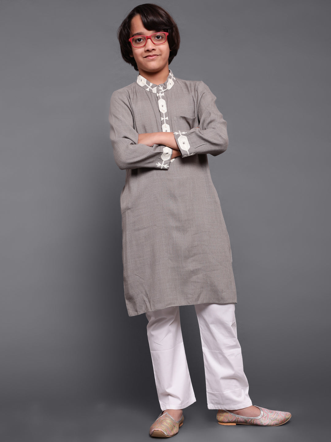 Grey Embroidered Long Kurta - Elganza