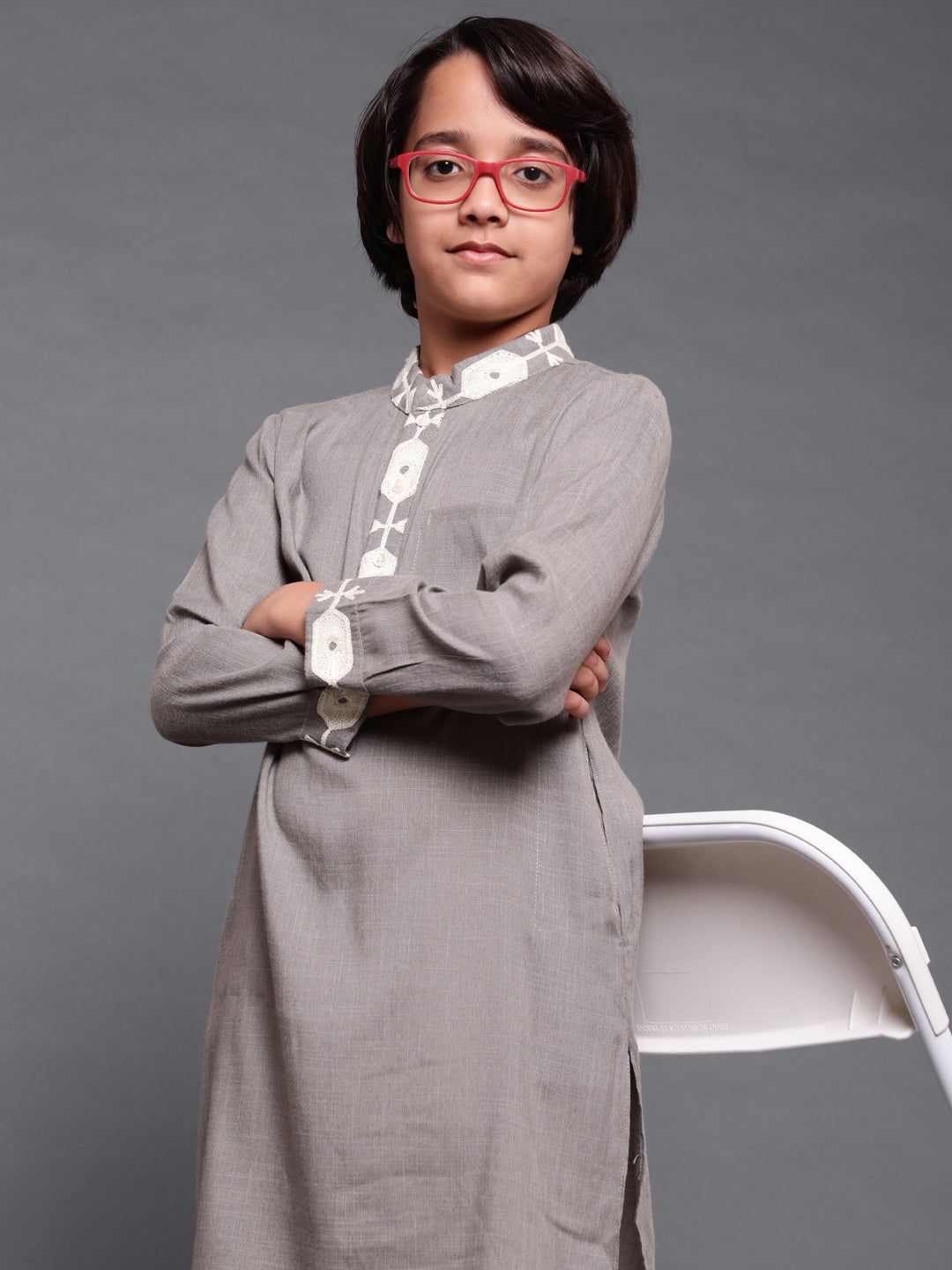 Grey Embroidered Long Kurta - Elganza