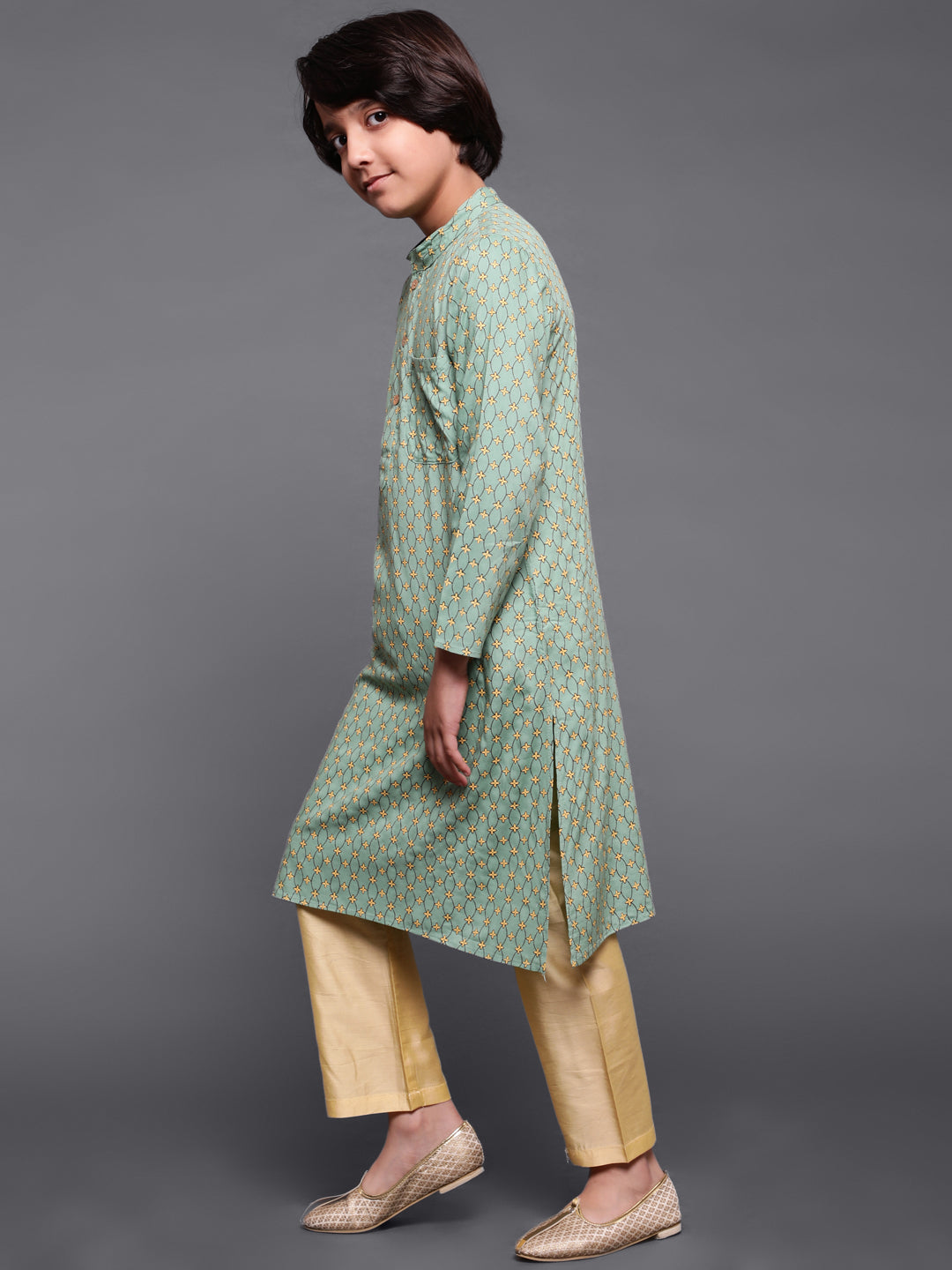 Green Printed Long Kurta - Elganza