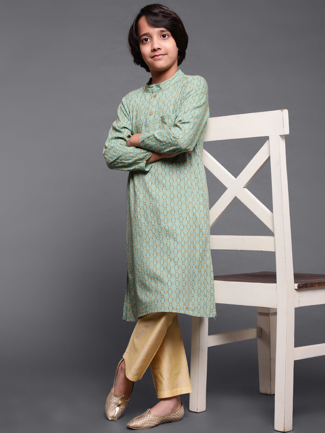 Green Printed Long Kurta - Elganza