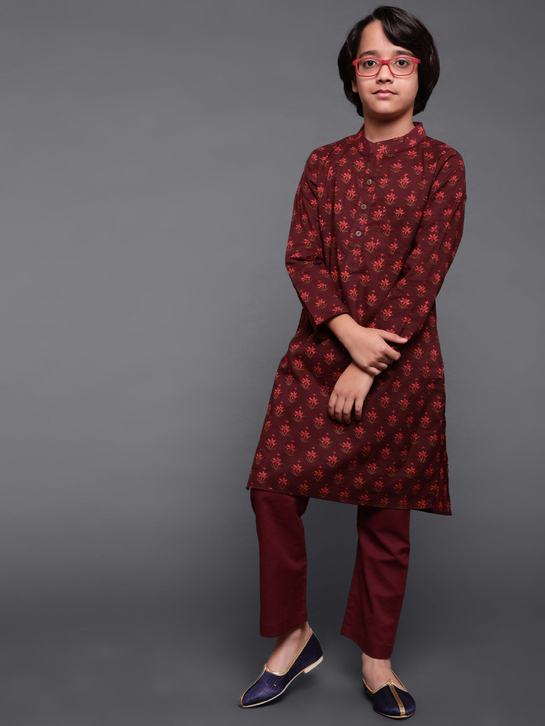 Maroon Floral Print Kurta With Pyjama - Elganza