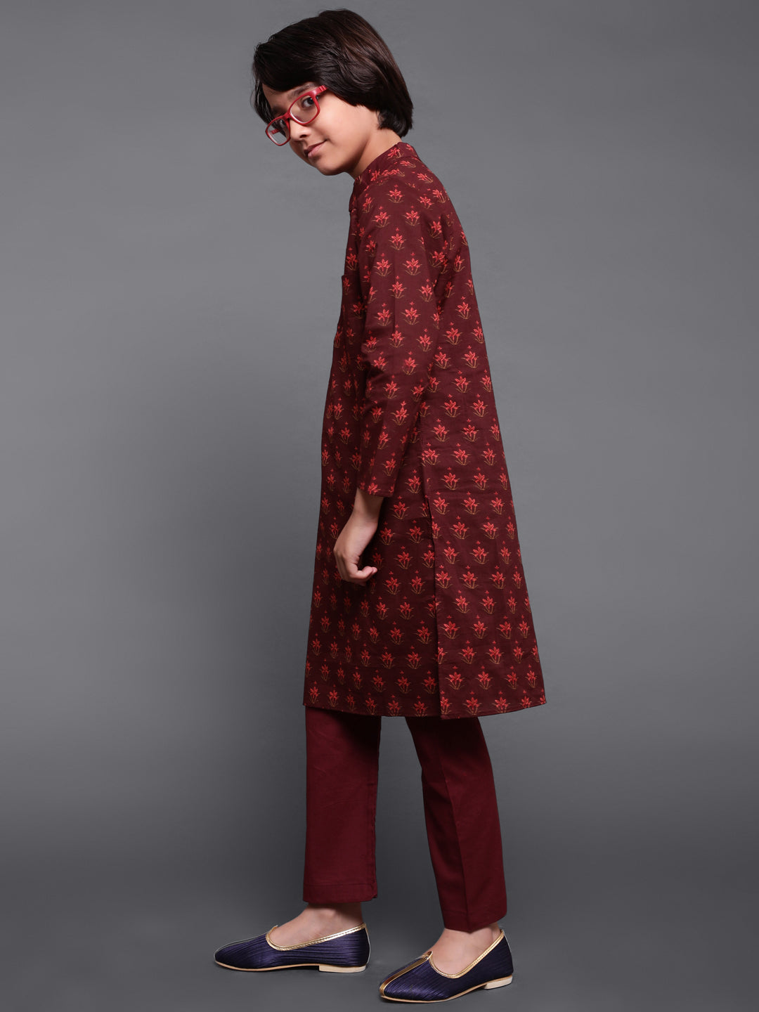 Maroon Floral Print Kurta With Pyjama - Elganza
