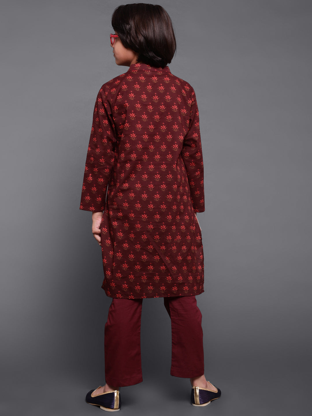 Maroon Floral Print Kurta With Pyjama - Elganza
