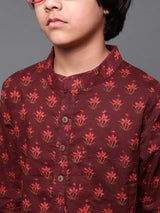 Maroon Floral Print Kurta With Pyjama - Elganza