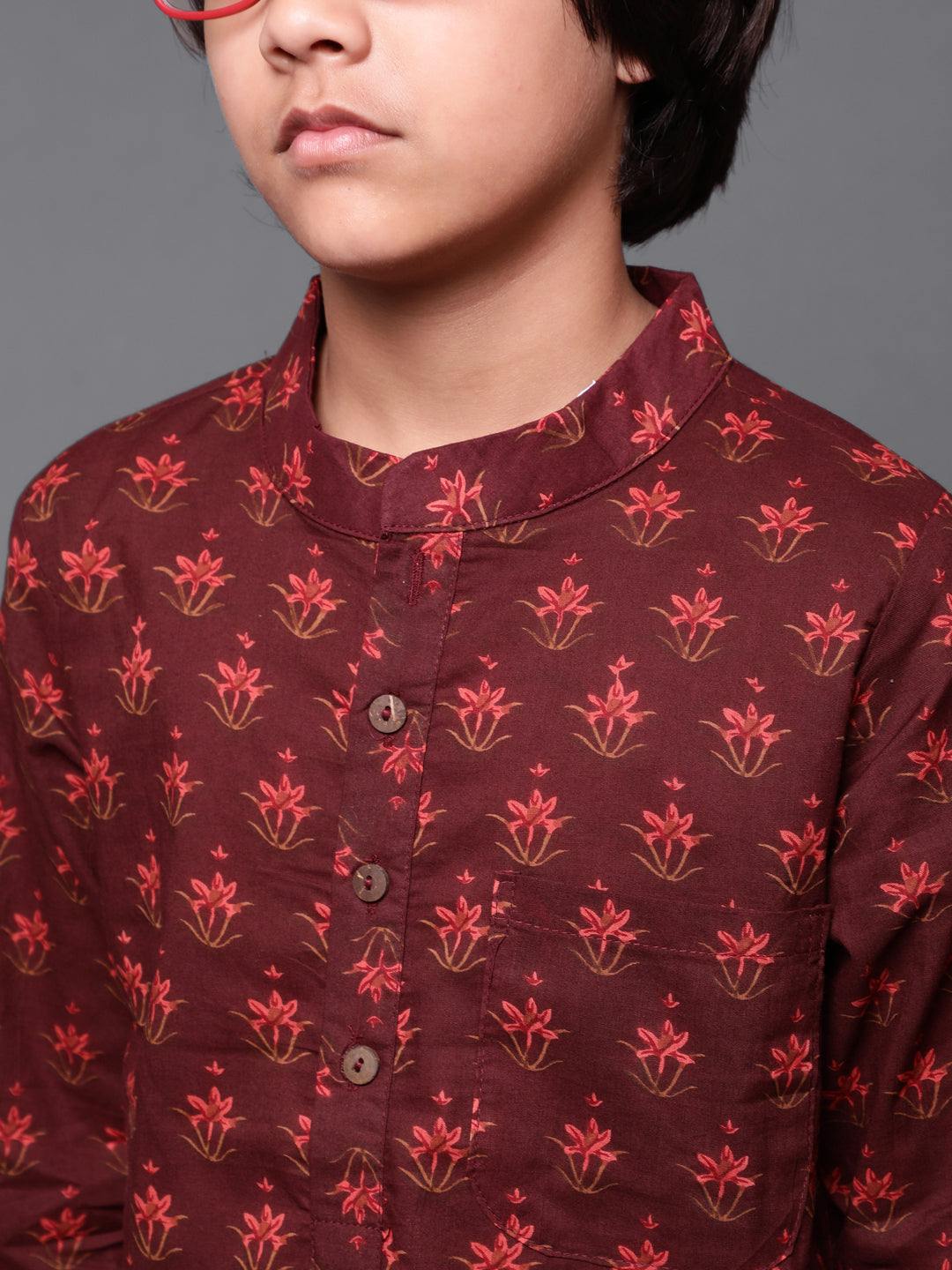 Maroon Floral Print Kurta With Pyjama - Elganza