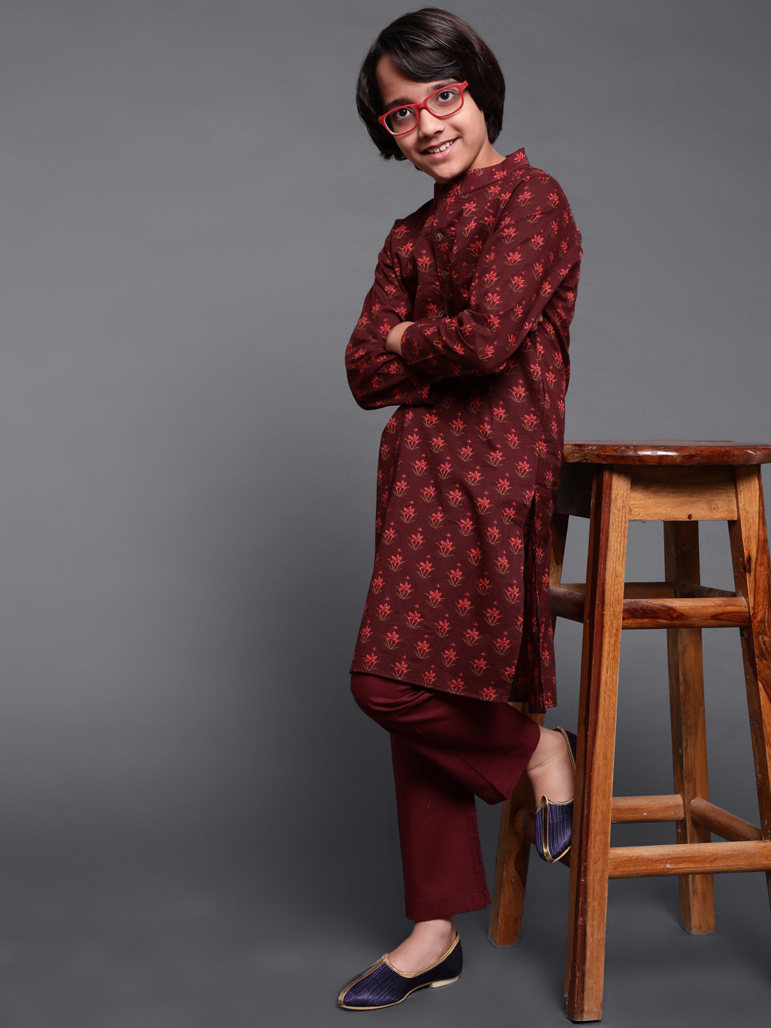 Maroon Floral Print Kurta With Pyjama - Elganza