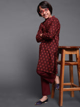 Maroon Floral Print Kurta With Pyjama - Elganza