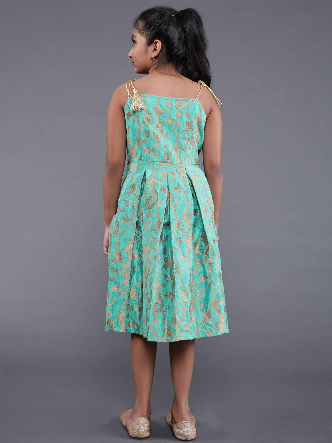 Green Brocade Floral Pattern Dress - Elganza