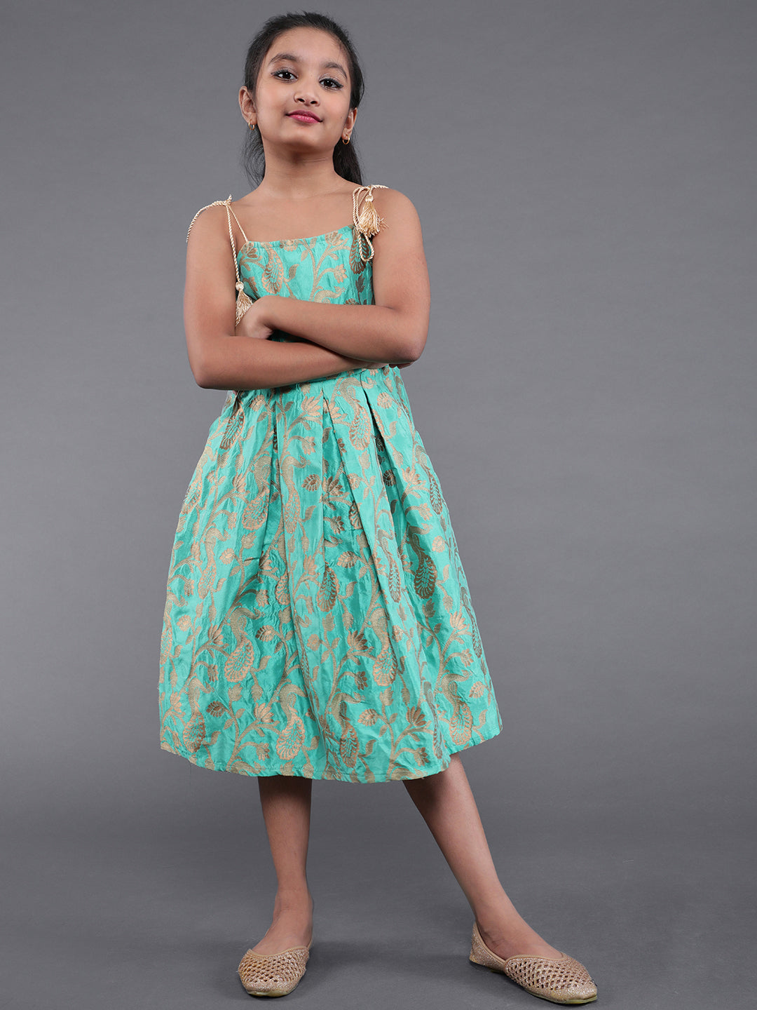 Green Brocade Floral Pattern Dress - Elganza