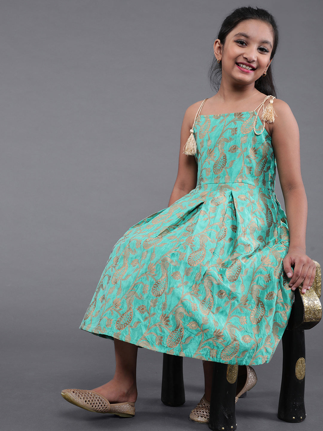 Green Brocade Floral Pattern Dress - Elganza