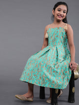 Green Brocade Floral Pattern Dress - Elganza