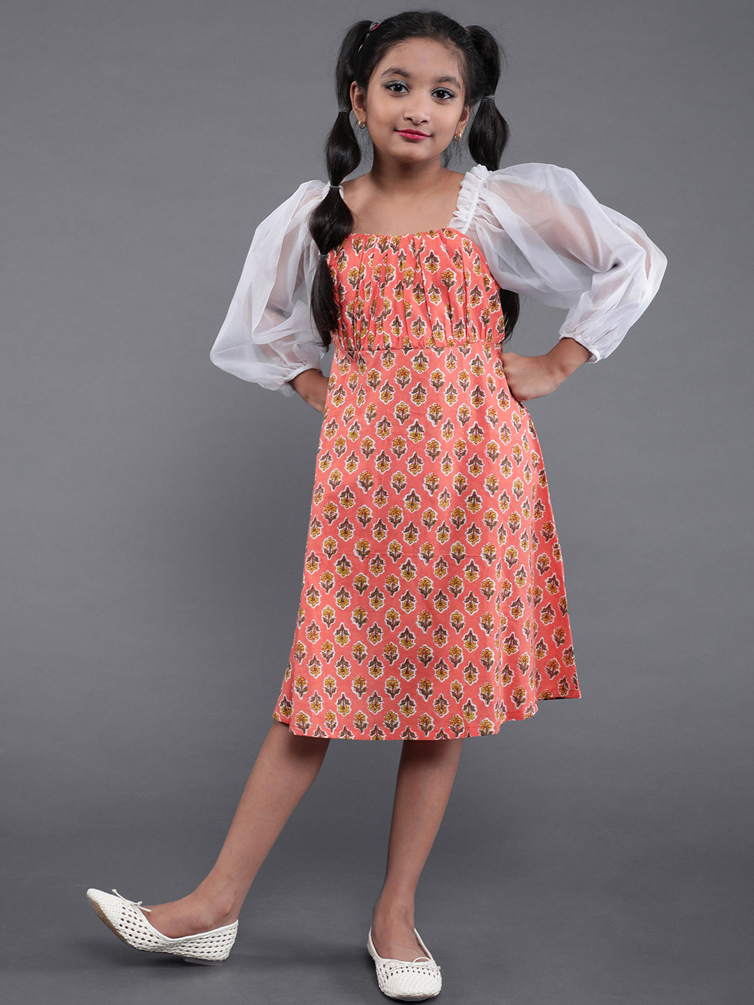 Peach Skater Dress with Balloon Sleeves