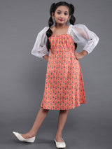 Peach Skater Dress with Balloon Sleeves