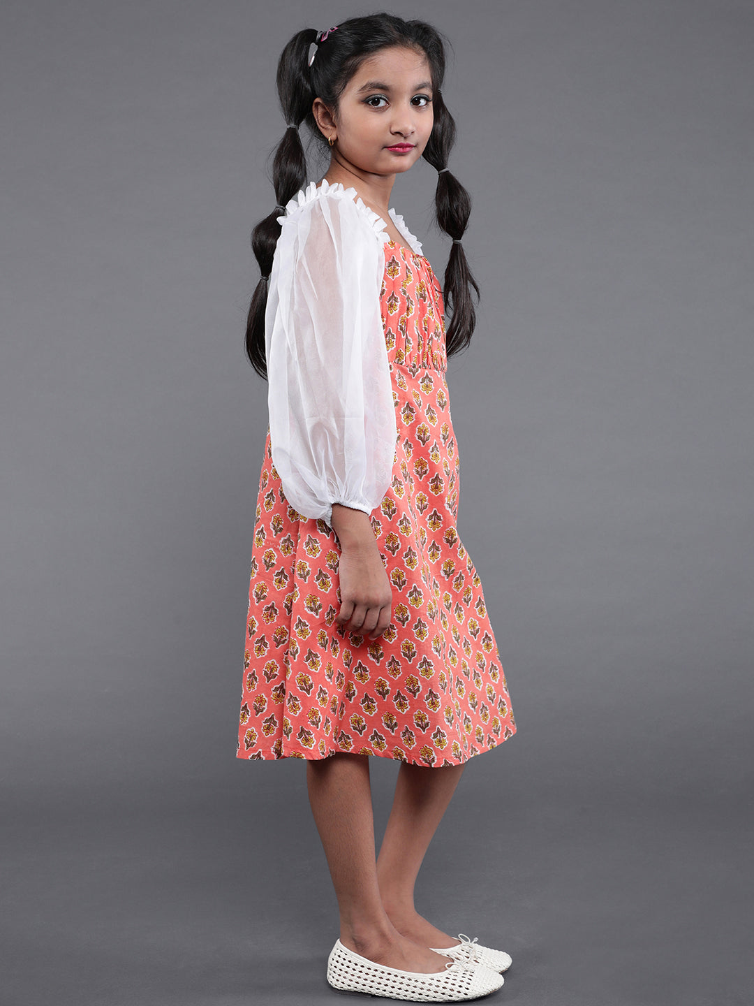 Peach Skater Dress with Balloon Sleeves