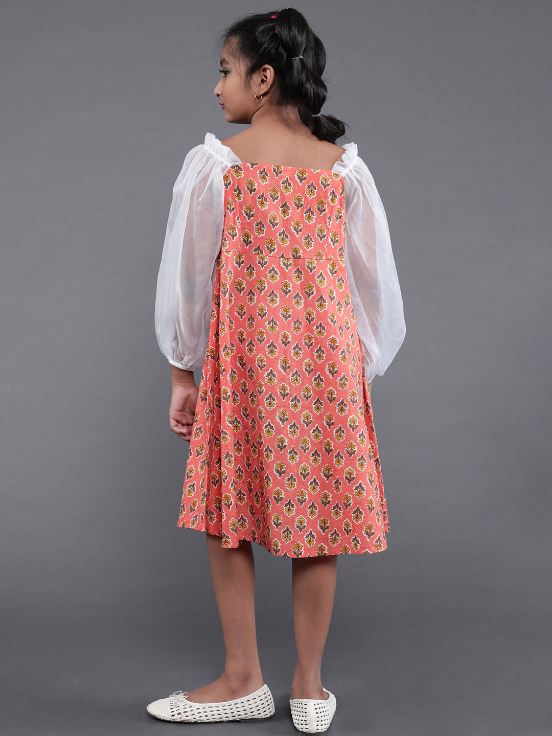 Peach Skater Dress with Balloon Sleeves
