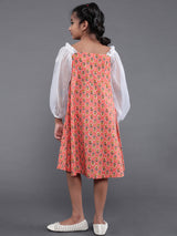 Peach Skater Dress with Balloon Sleeves