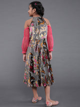 Grey Floral Print Velvet Dress