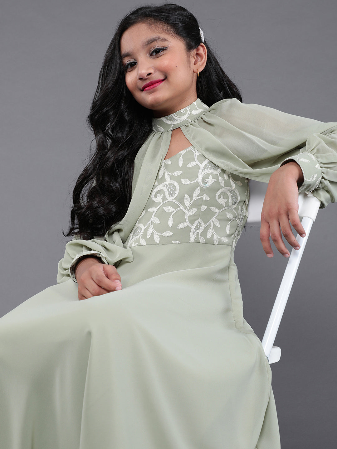 Green Embroidered Gown Dress - Elganza