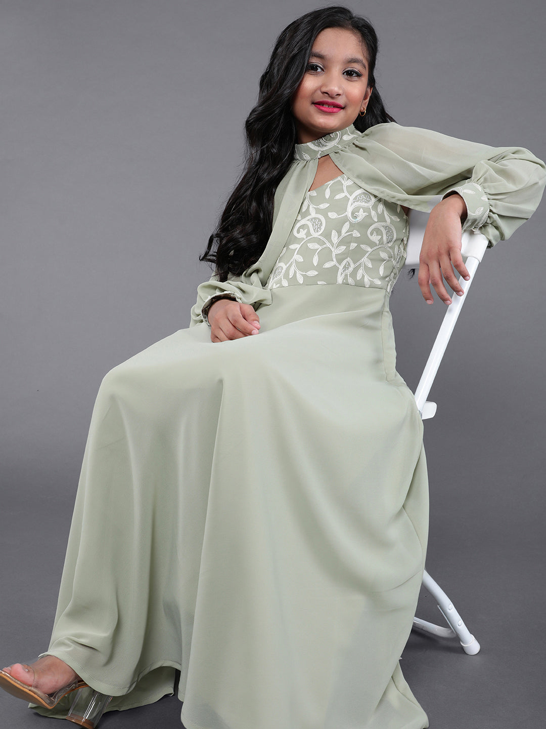 Green Embroidered Gown Dress - Elganza