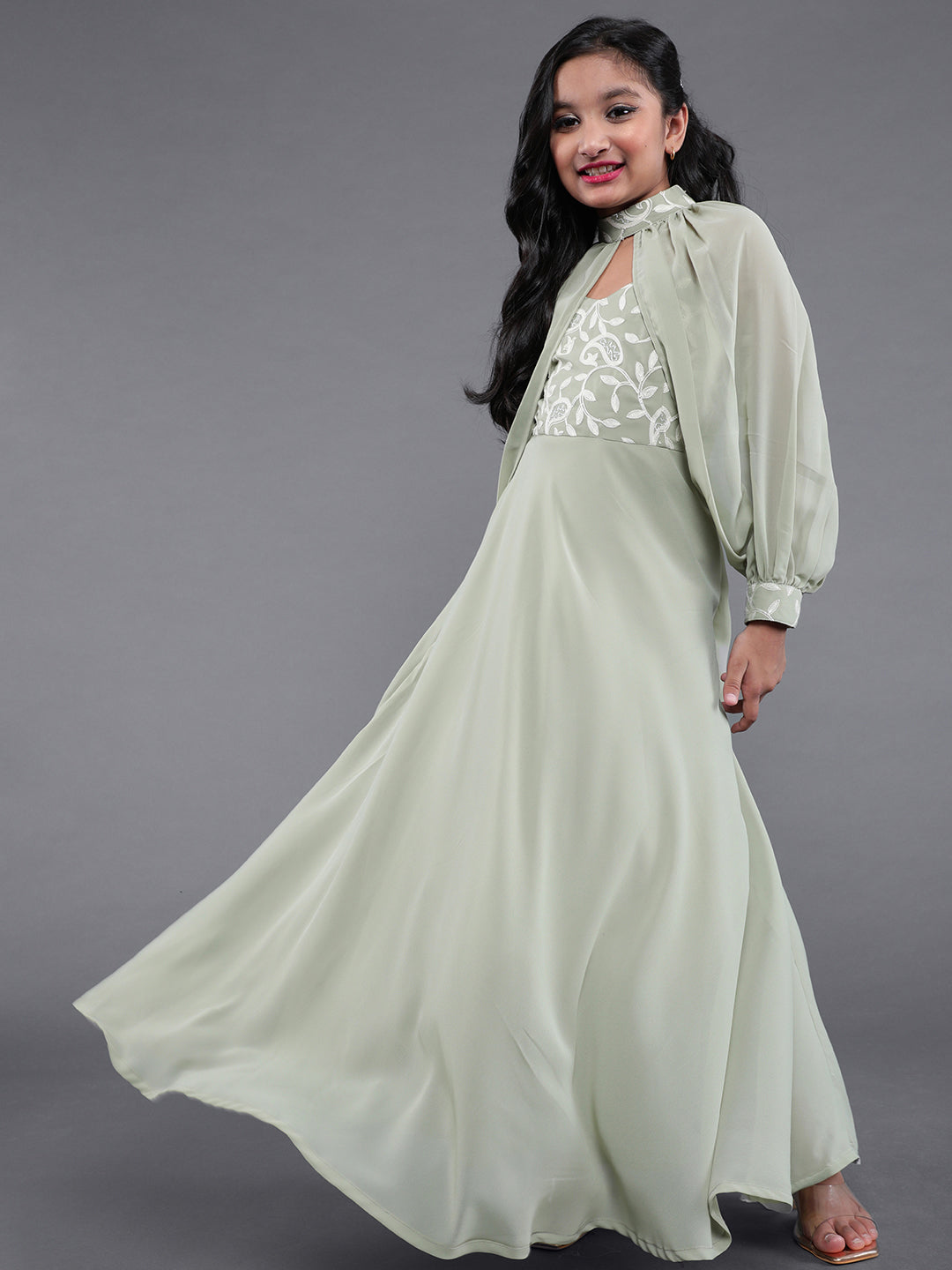 Green Embroidered Gown Dress - Elganza