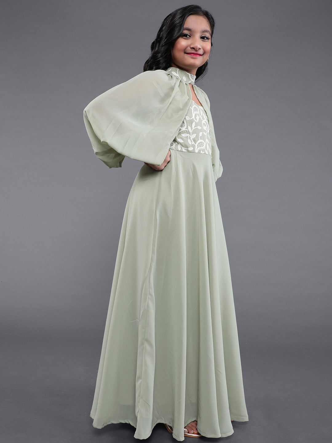 Green Embroidered Gown Dress - Elganza