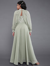 Green Embroidered Gown Dress - Elganza