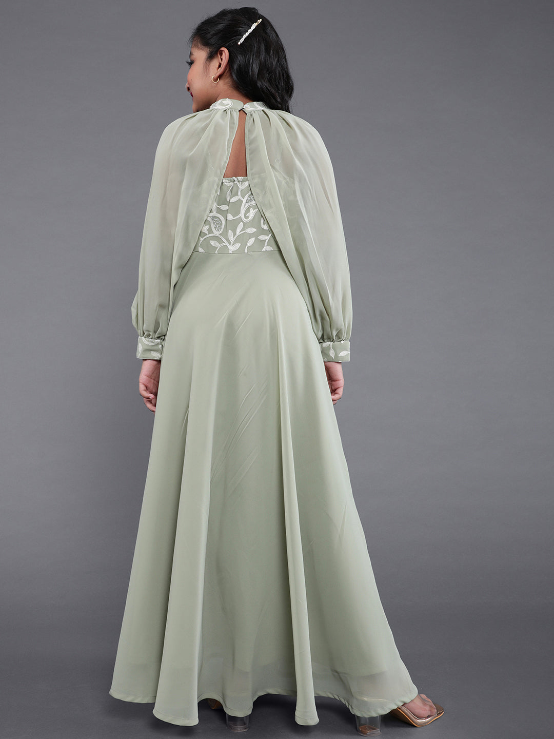 Green Embroidered Gown Dress - Elganza