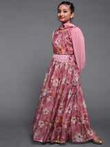 Mauve Floral Printed Lehenga Choli With Dupatta - Elganza